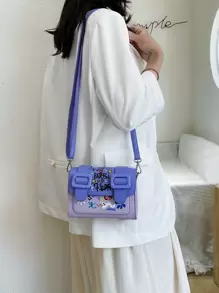 Teenage Girls' Personalized Graffiti Pattern Shoulder Bag With Flap, Fashionable Shoulder Bag - Purple - View 6