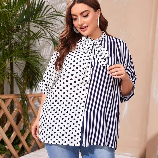 

Plus Polka Dot & Striped Print Tie Neck Blouse, Multicolor