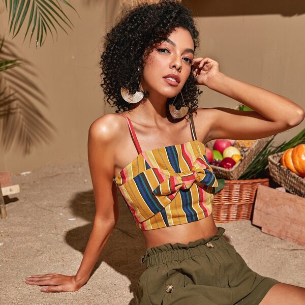 

Striped Knot Shirred Crop Cami Top, Multicolor