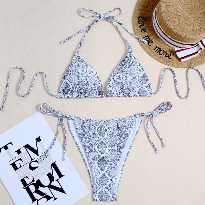 

Snakeskin Triangle Tie Side Bikini Swimsuit, Multicolor