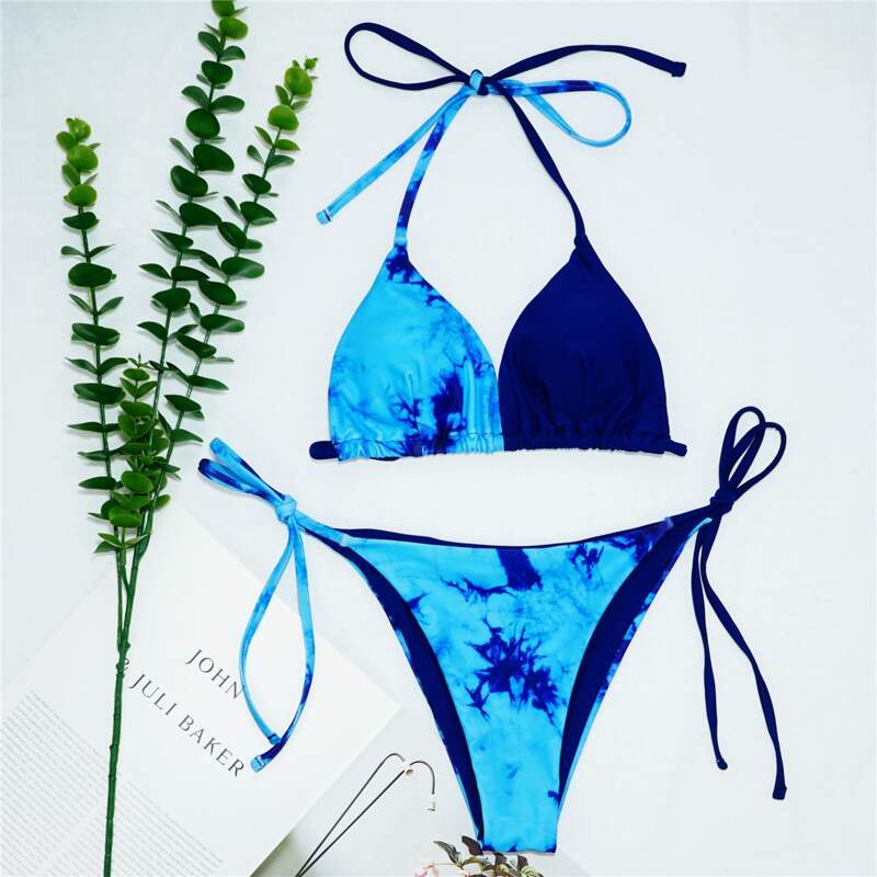 Tie Dye Triangle Tie Side Bikini Swimsuit, Blue
