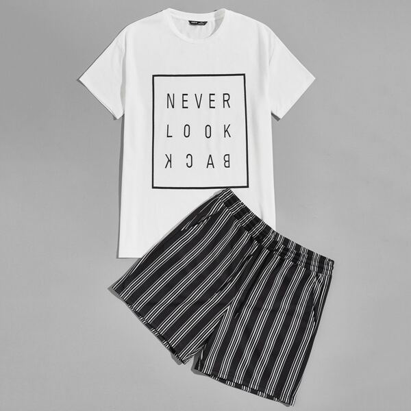 

Men Slogan Graphic Top & Striped Shorts Set, Black and white