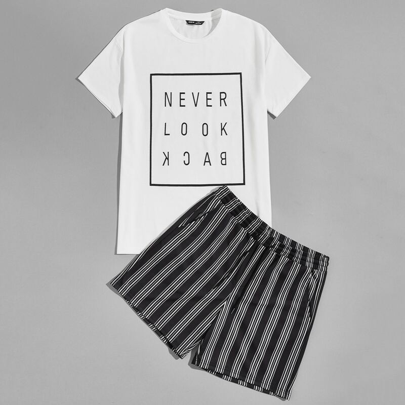 

Guys Slogan Graphic Top & Striped Shorts Set, Black and white