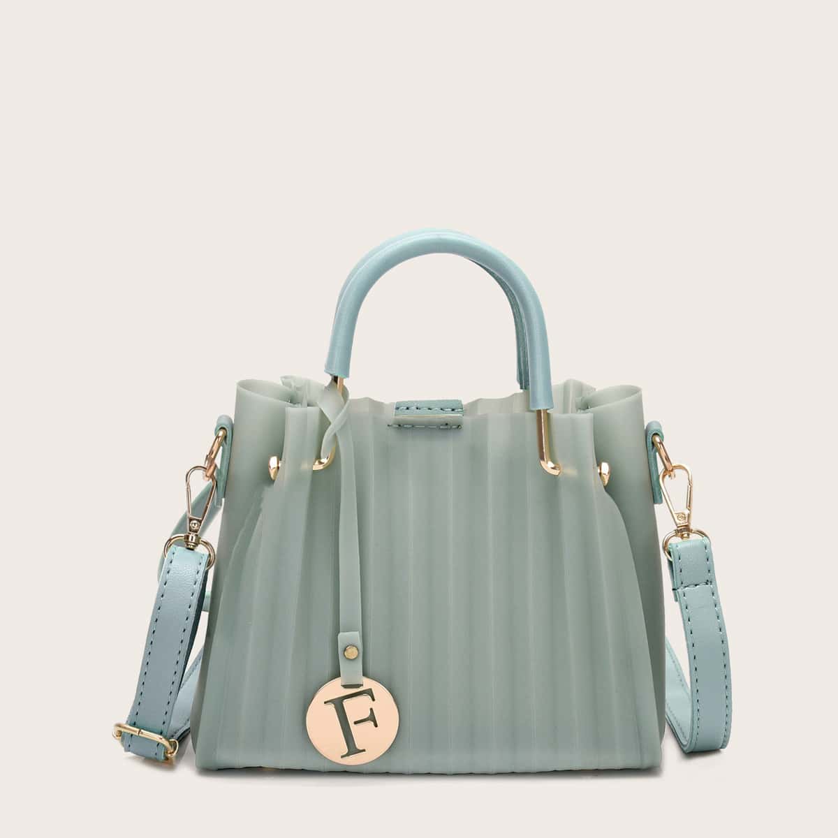 

Letter Decor Pleated Satchel Bag, Green