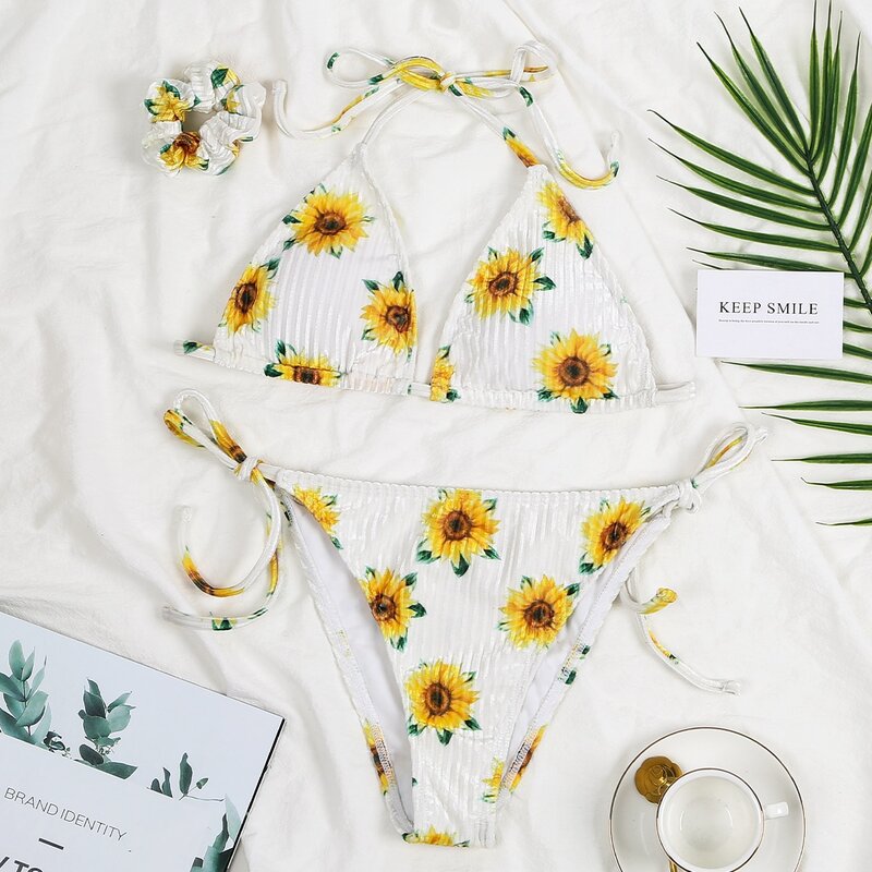 

Sunflower Print Velvet Tie Side Bikini Swimsuit & Scrunchie, Multicolor