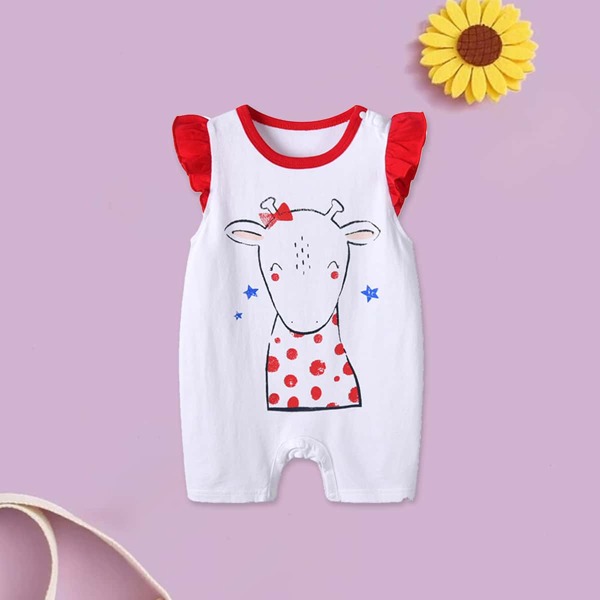 

Baby Girl Cartoon Print Ruffle Romper, White