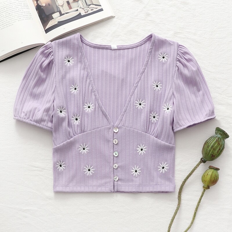 

Floral Embroidered Button Through Knit Top, Pastel lilac purple