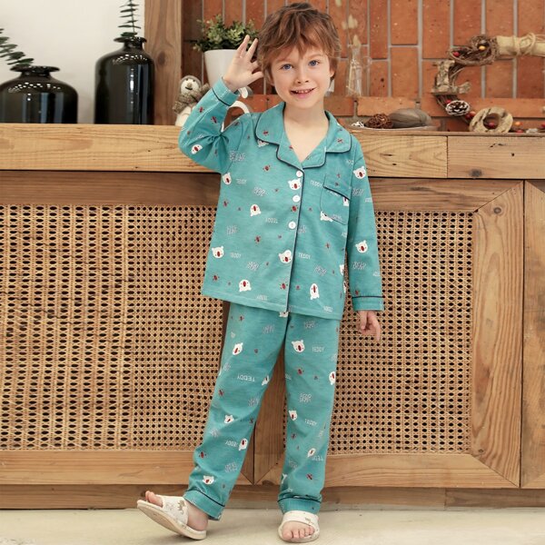 

Toddler Boys Cartoon And Letter Graphic PJ Set, Green