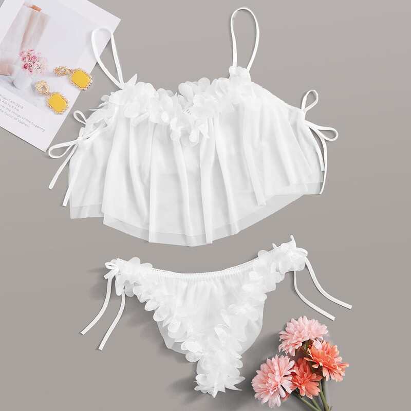 

Floral Applique Hanky Hem Lingerie Set, White