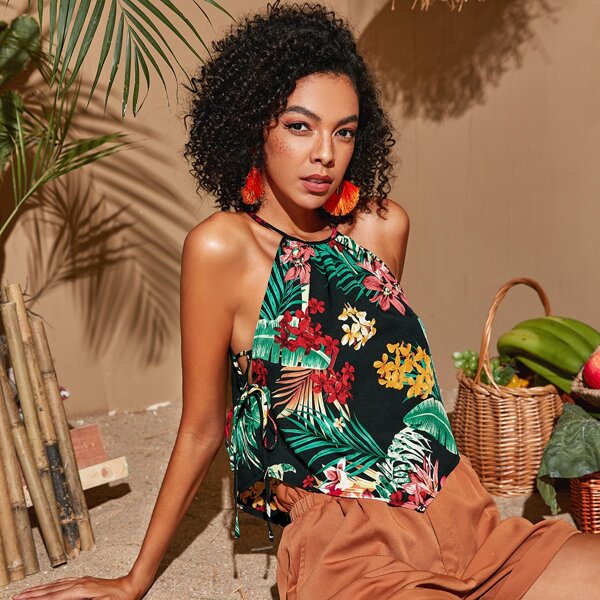 

Lace Up Side Tropical Print Halter Top, Multicolor