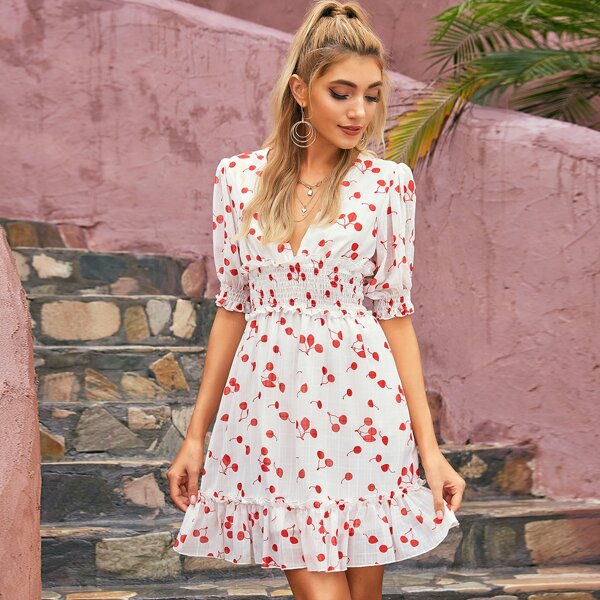 

Frill Ruffle Hem Shirred Waist Cherry Dress, White