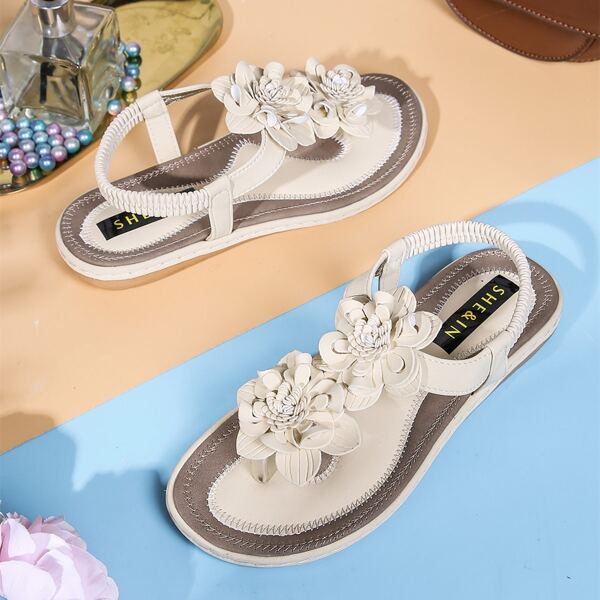 

Flower Decor Thong Sandals, Beige