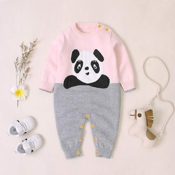 

Baby Girl Panda Pattern Spliced Knit Jumpsuit, Multicolor