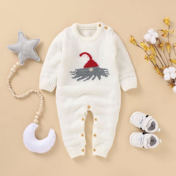 

Baby Boy Button Detail Patterned Knit Jumpsuit, White