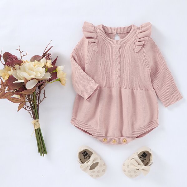 

Baby Girl Ruffle Trim Cable Knit Bodysuit, Dusty pink