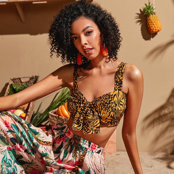 

Tiger Striped And Leopard Print Crop Cami Top, Mustard yellow