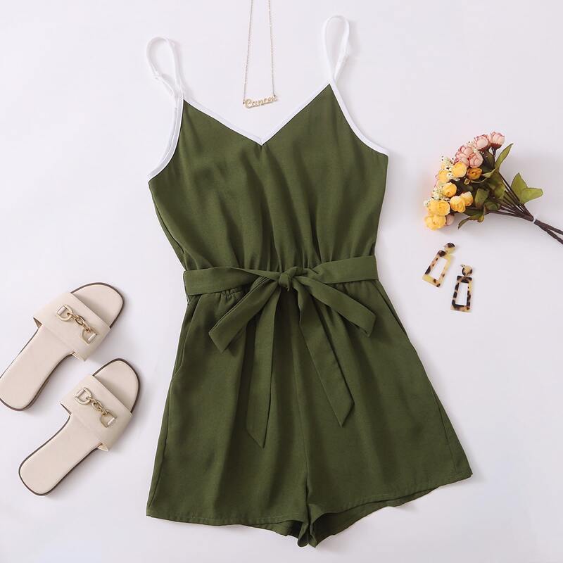 

Contrast Binding Belted Cami Romper, Army green
