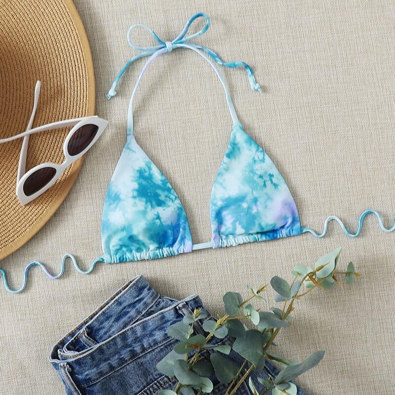 

Tie Dye Triangle Halter Bikini Top, Baby blue