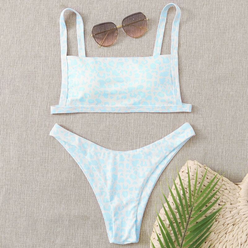 

Leopard Rib Bikini Swimsuit, Blue and white
