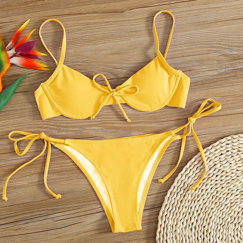 

Underwire Tie Side Bikini Swimsuit, Yellow