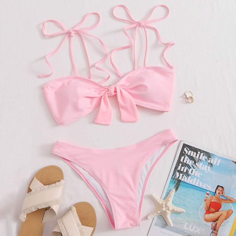 

Knot Front Tie Shoulder Bikini Swimsuit, Pastel baby pink