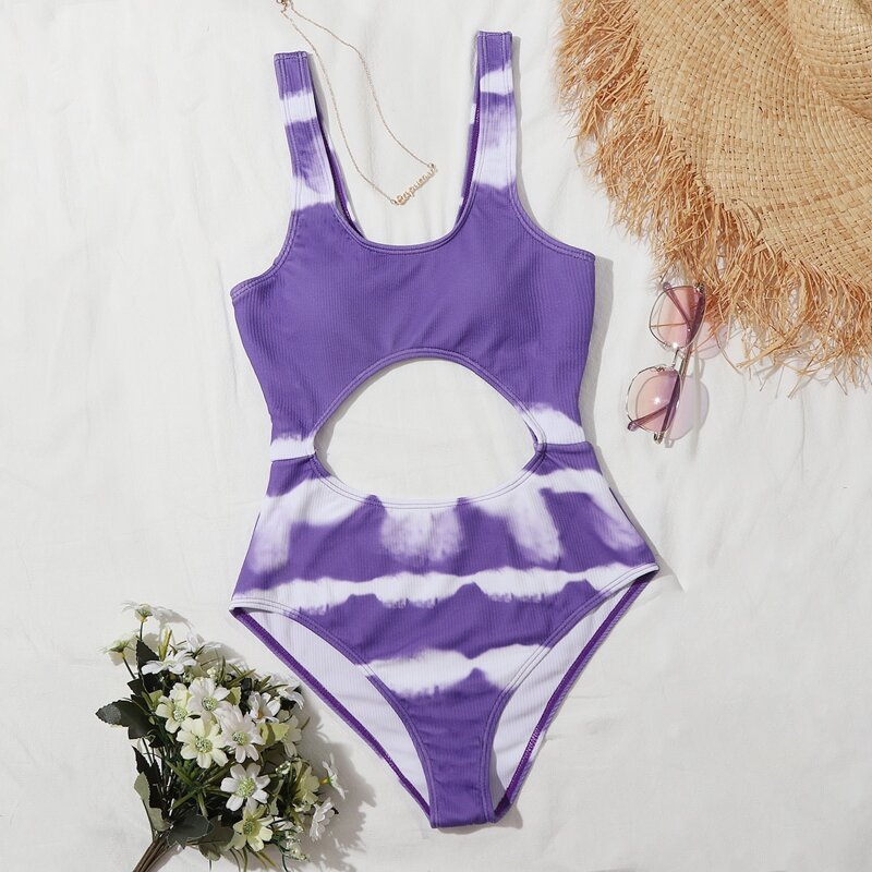 

Tie Dye Ribbed Cut-out One Piece Swimsuit, Purple