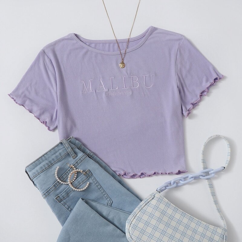 

Letter Embroidery Lettuce Trim Tee, Lilac purple