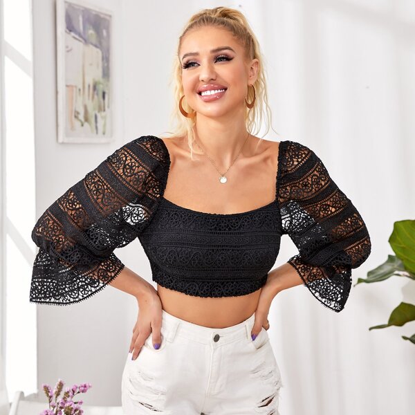 

Crisscross Tied Backless Guipure Lace Crop Top, Black