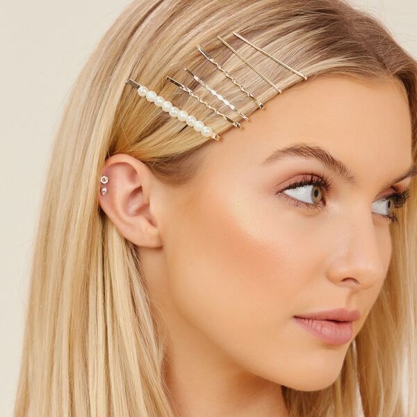 

Set Of Six Twist And Pearl Detail Bobby Pins, Gold