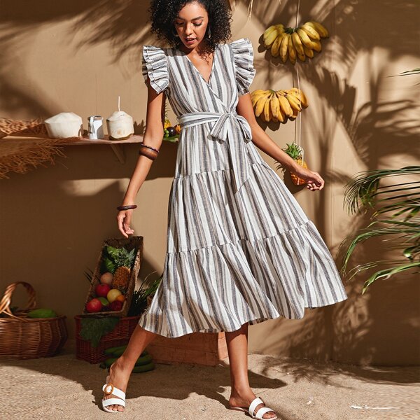 

Colorful Stripe Ruffle Hem Belted Dress, Multicolor