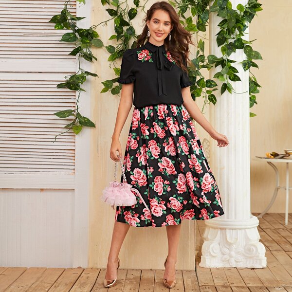 

Collared Tie Neck Embroidery Detail Top & Floral Skirt Set, Multicolor