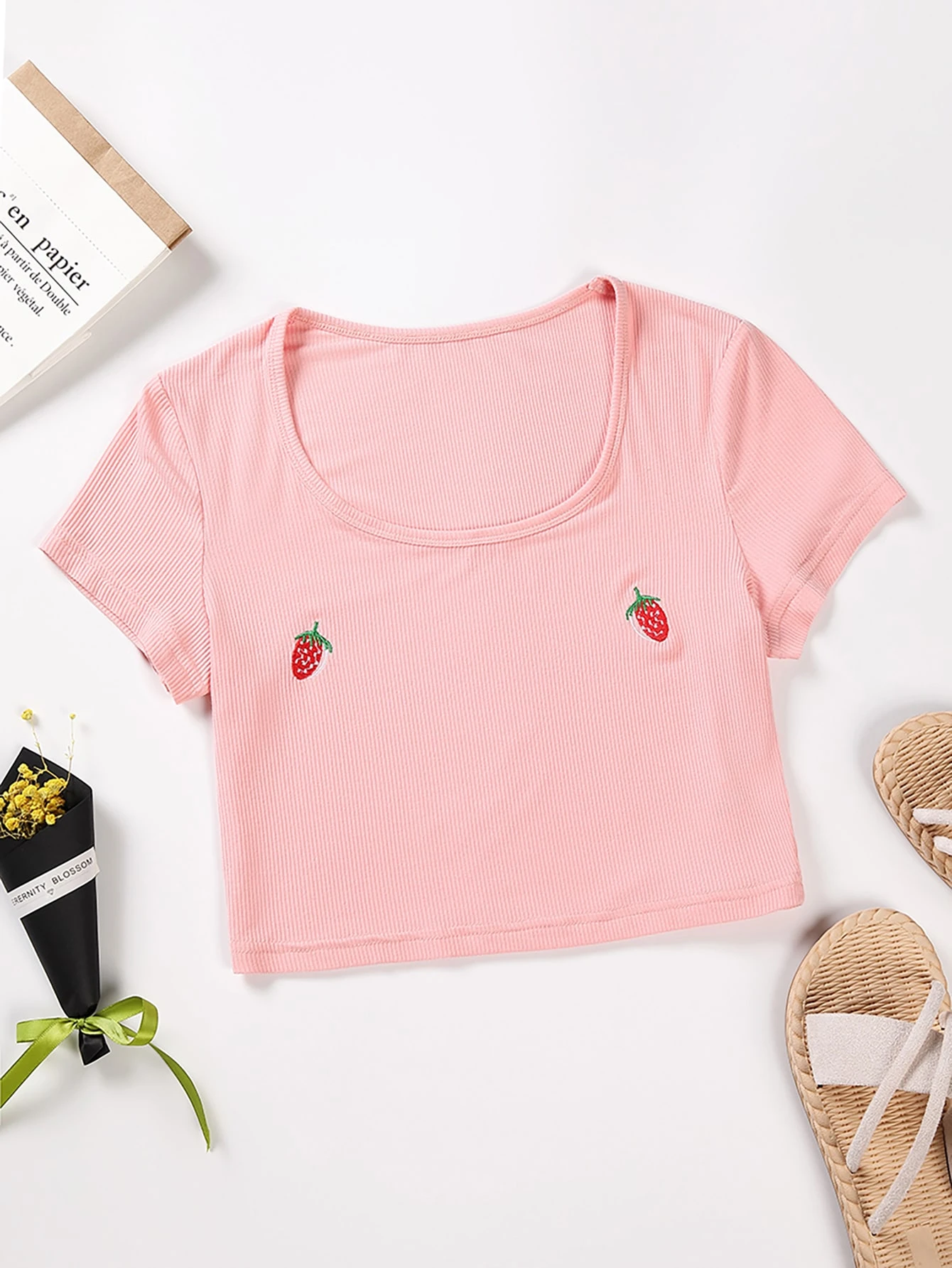 Strawberry Embroidery Ribbed Crop Tee 