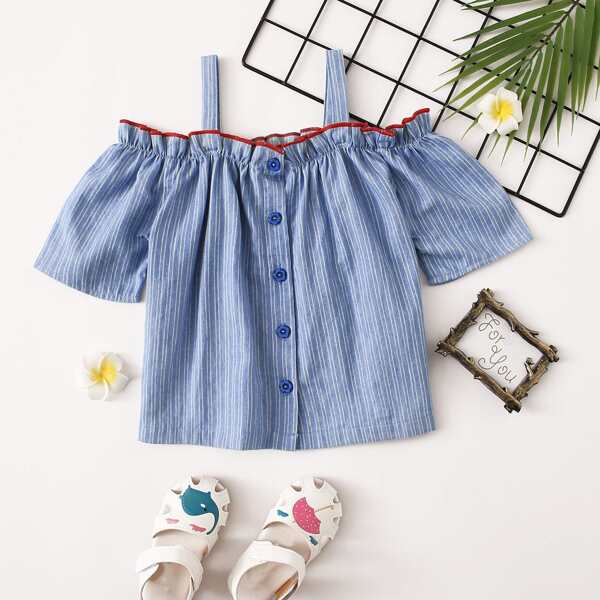 

Toddler Girls Striped Cold Shoulder Frill Trim Denim Top, Medium wash