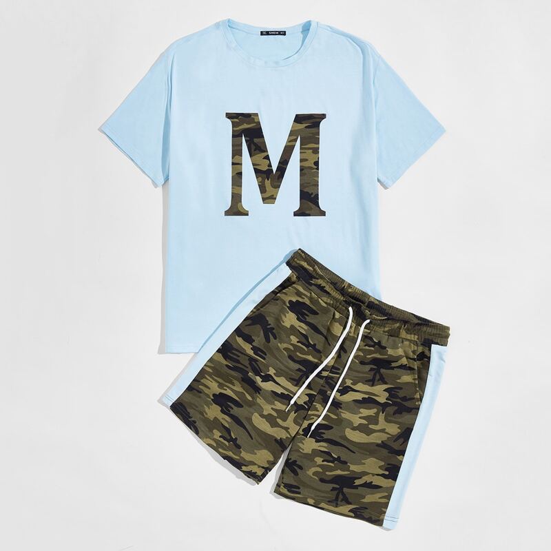 

Guys Letter Graphic Top & Camo Track Shorts Set, Multicolor