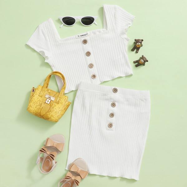 

Girls Buttoned Front Rib-knit Top & Skirt Set, White