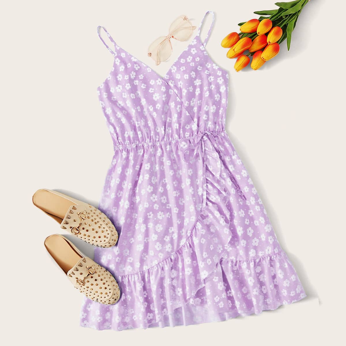 

Floral Wrap Ruffle Hem Sundress, Purple