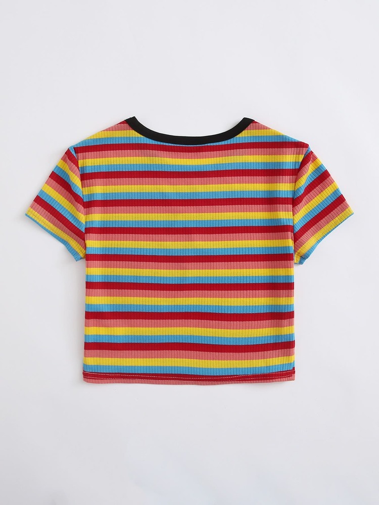 SHEIN EZwear Contrast Neck Rainbow Striped Top - Multicolor - View 2