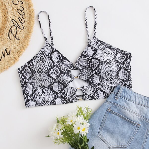 

Plus Snakeskin Ring Linked Bikini Top, Black and white