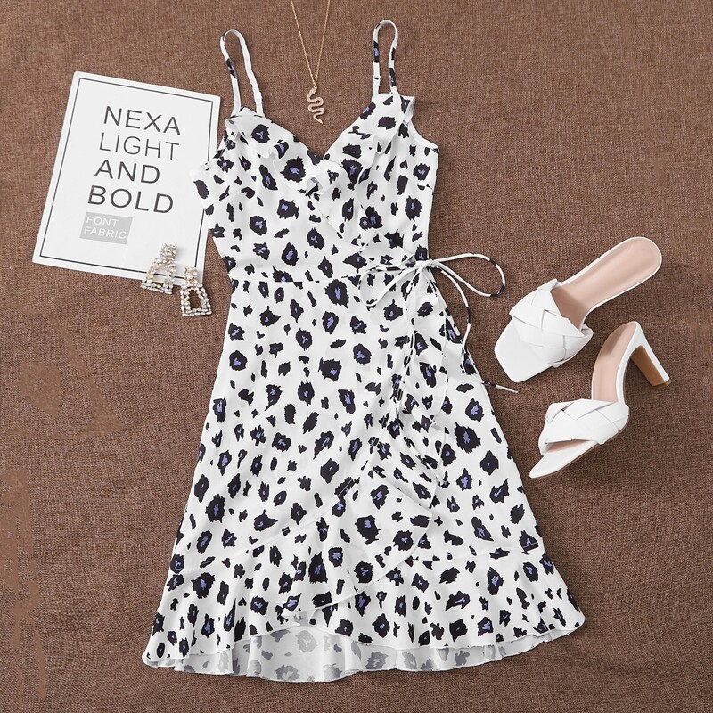 

Allover Print Tie Side Ruffle Trim Wrap Cami Dress, Black and white