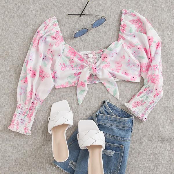 

Tie Front Floral Print Shirred Top, Multicolor