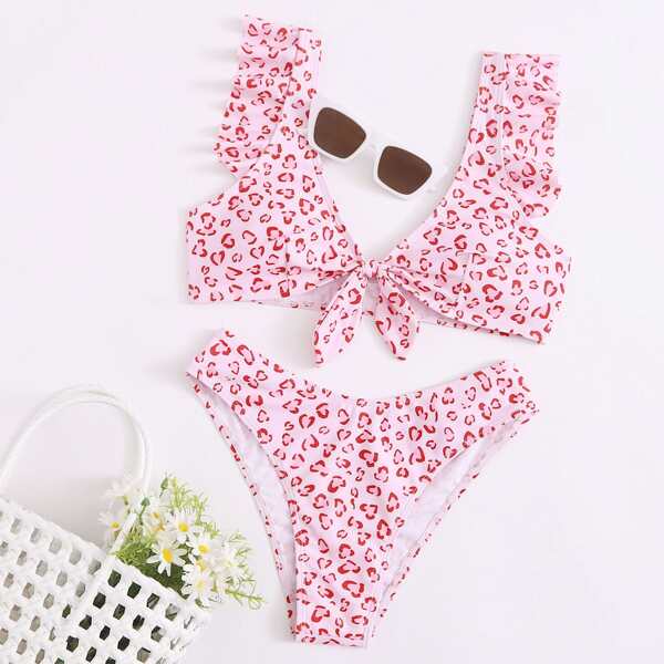 

Allover Graphic Knot Front Ruffle Bikini Swimsuit, Pastel baby pink