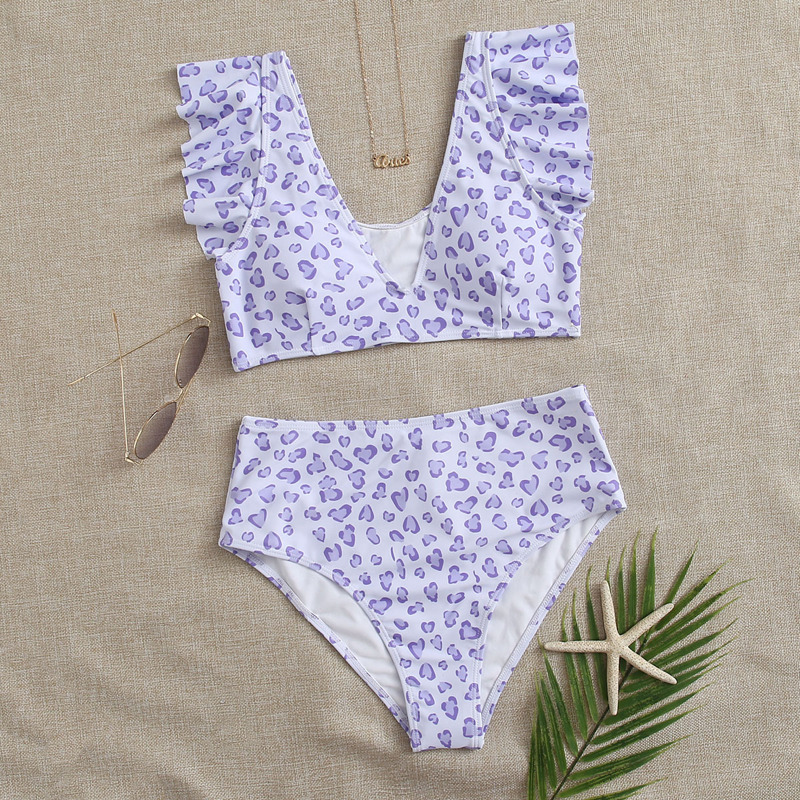 

Allover Print Ruffle Bikini Swimsuit, Pastel lilac purple