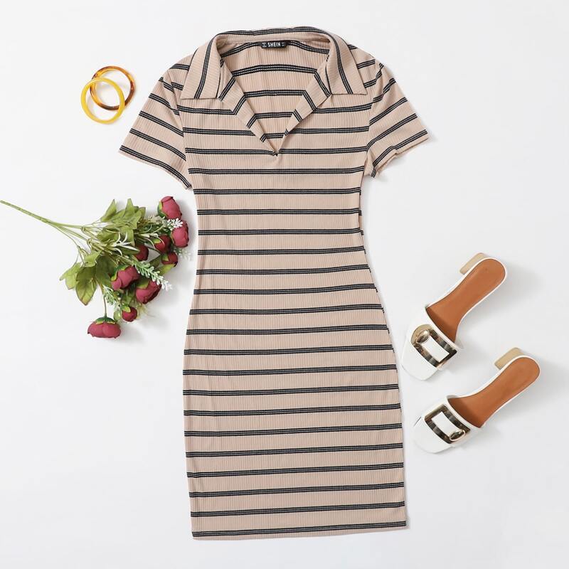 

Striped Rib-knit Bodycon Dress, Apricot