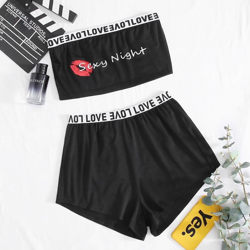 

Letter Tape Tube Top & Shorts PJ Set, Black