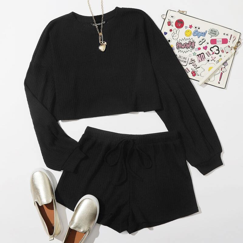 

Drop Shoulder Rib-knit Top and Drawstring Waist Shorts Set, Black