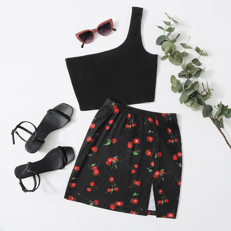 

One Shoulder Rib-knit Crop Top and Cherry Skirt Set, Black