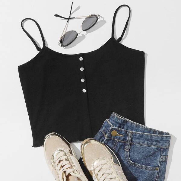 

Button Front Solid Cami Top, Black