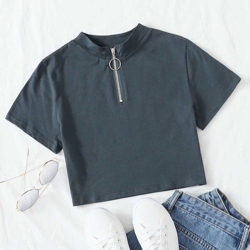 

Ring Pull Zip Crop Tee, Dark grey