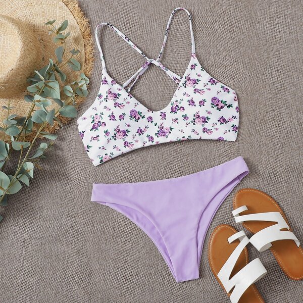 

Floral Tie Back Bikini Swimsuit, Pastel lilac purple