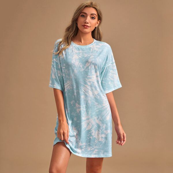

Tie Dye Drop Shoulder Lounge Dress, Baby blue